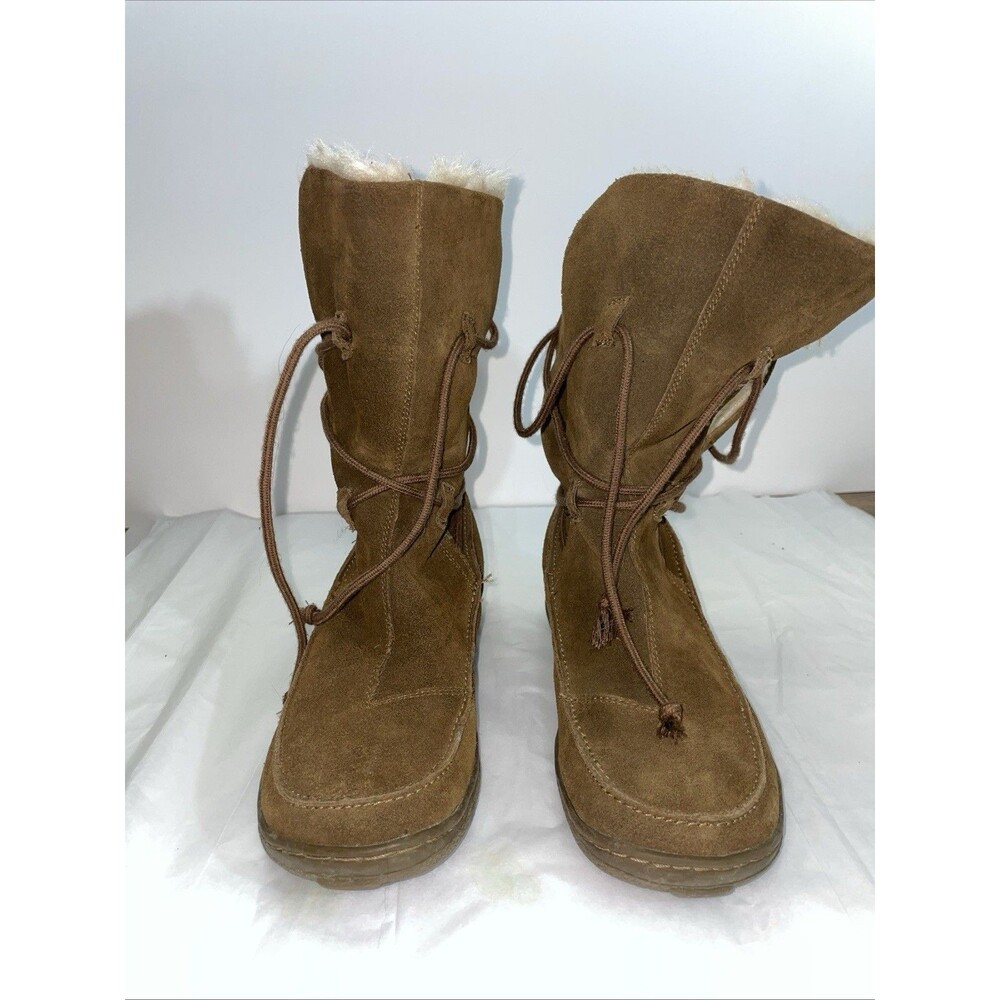 Xappeal Sundance Brown Suede Faux Fur Trim Lace Up Mid Calf Winter Boots Size 7